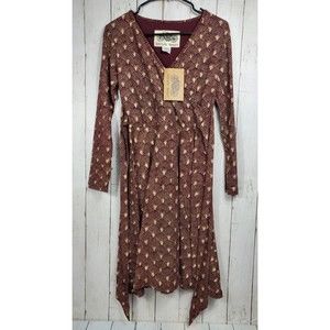 Effie's Heart Sarah Midi Dress Women's Sz XS Jazz Print Maroon Flare Belted NWT